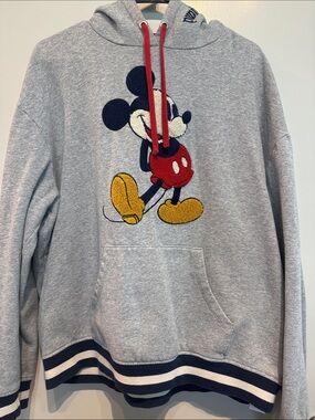 Disney Gray Hoodie with Embroidered Mickey and Red Drawstrings